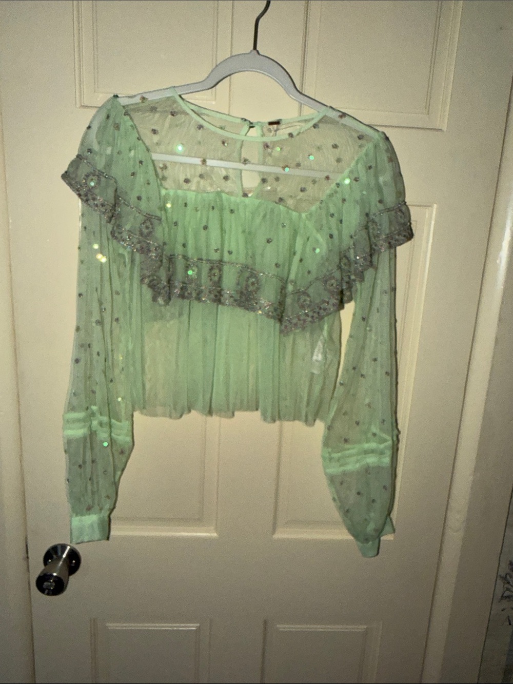 Free People Mint Sheer Sequin Ruffle Blouse